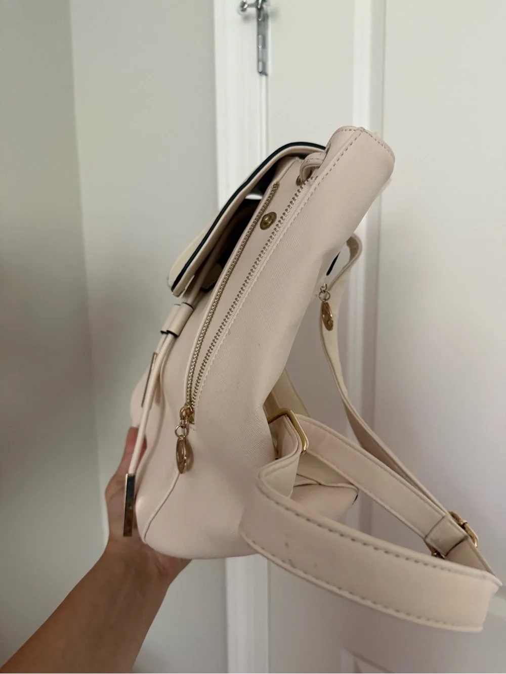 Cream Leatherette Drawstring Backpack with Gold Hardware